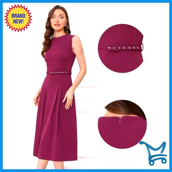 Sleeveless Crew Neck High Waist A-Line Work Dress Midi Office Dress - Picture 4 of 5